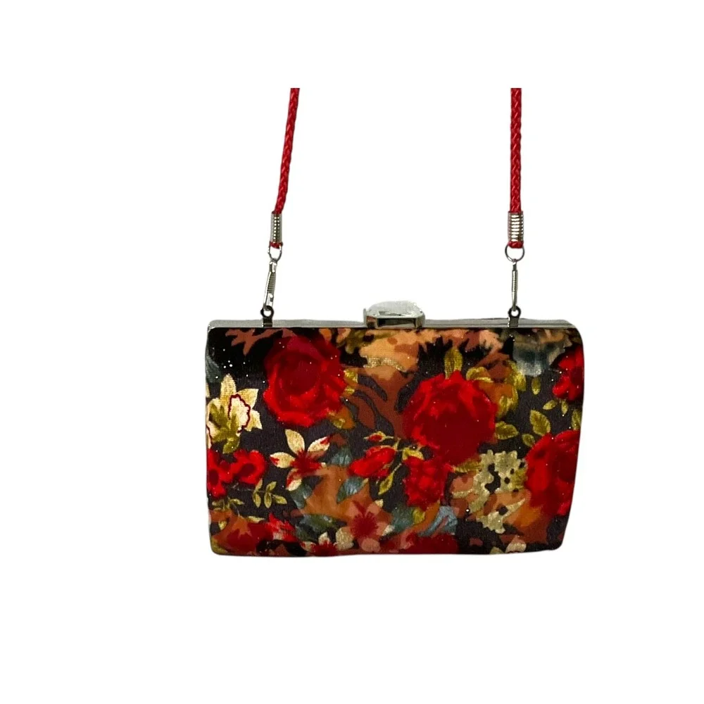 Vintage Floral Velvet Box Clutch Evening Bag Black Red Crossbody Purse Silver‎